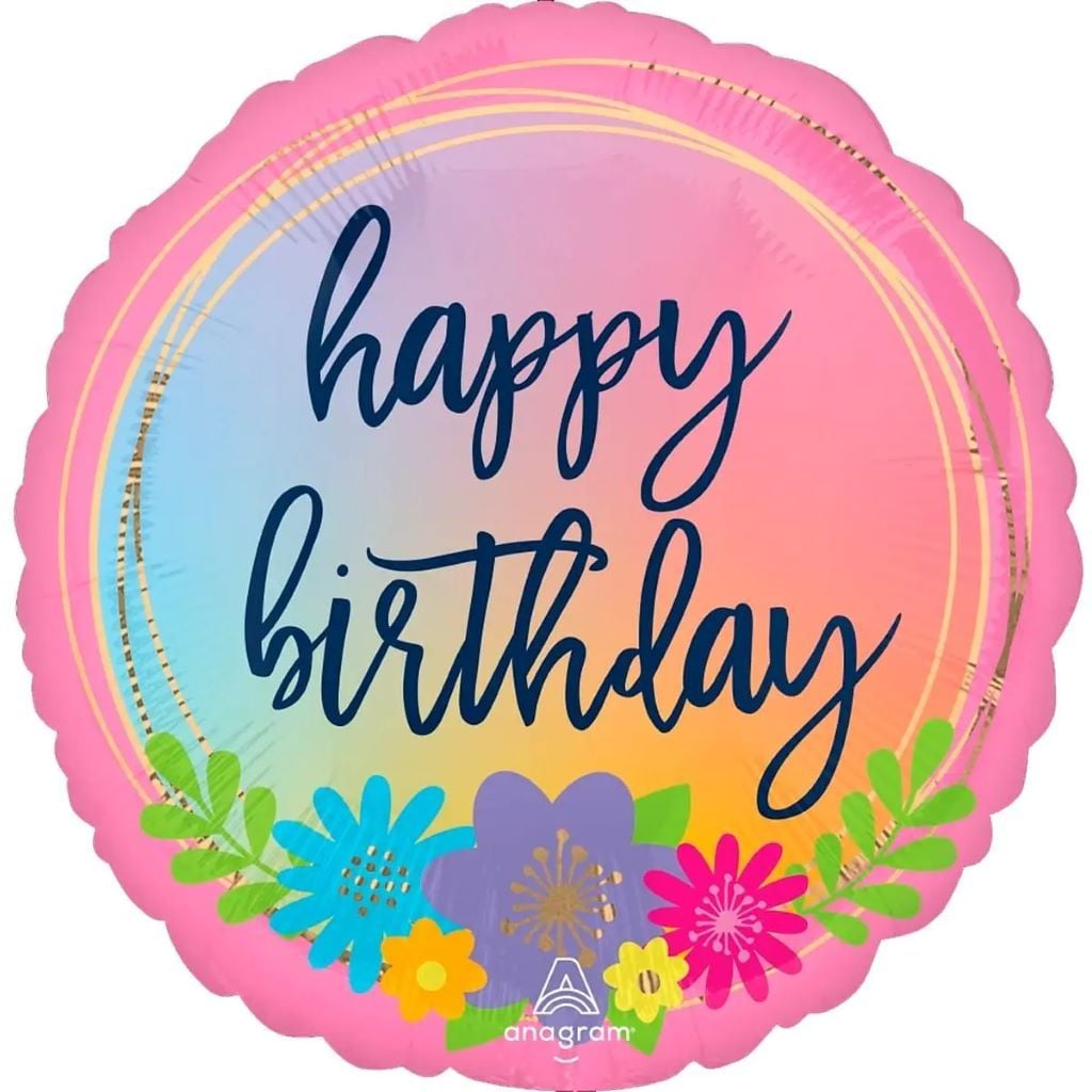Кулька фольга 18" коло Happy Birthday рожевий букет квітів в пакеті 3202-3254-12757 Anagram
