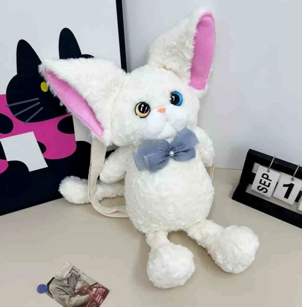 Рюкзак м'яка іграшка Котик вухастик білий рожеві вуха з бантом 55*33см Bag52 Dreamtoys