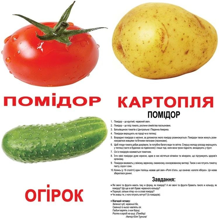 Картки навчальні Овочі укр 20шт 200 фактів та 80 завдань та загадок  в кульку 16,5*19,5 095290 Вундеркінд з пелюшок