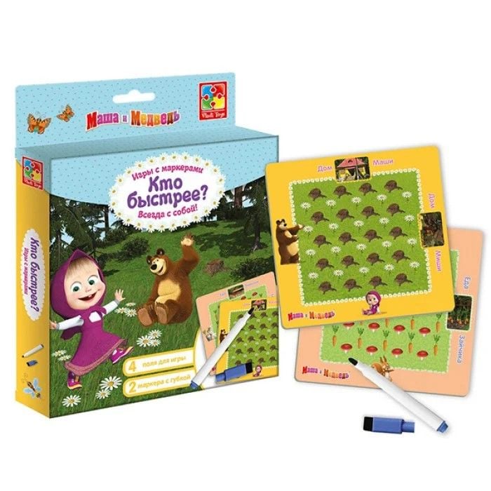 Гра з маркерами Відгадай-ка Маша та Ведмідь рос 4поля+2маркера з губкою в коробці16*17*2см VT2103-05 Vladi Toys