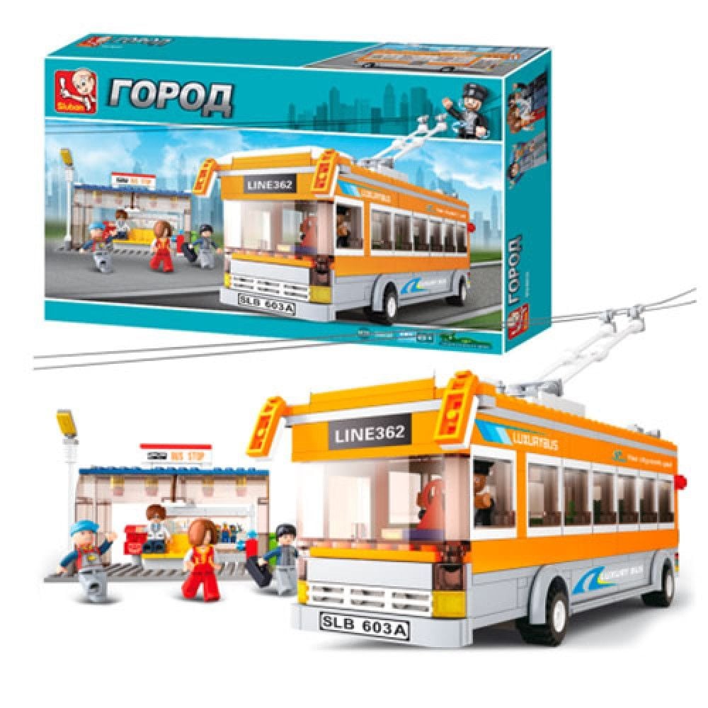 Конструктор 465д місто Тролейбус зупинка 5шт фігурки коробка 48*35*6,5см M38-B0332 sluban