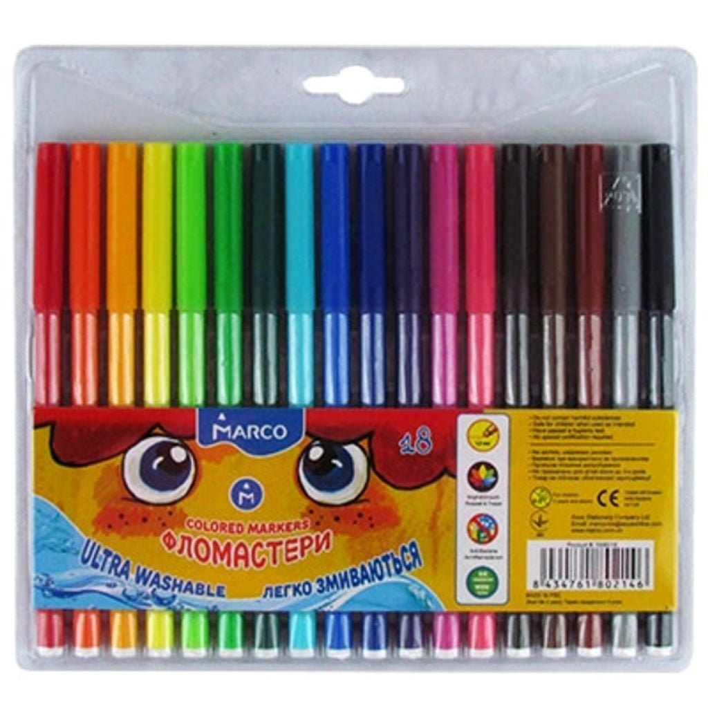 Фломастери 18 кольорів легко змиваються в блістері 21*19см 1690/18 Marco
