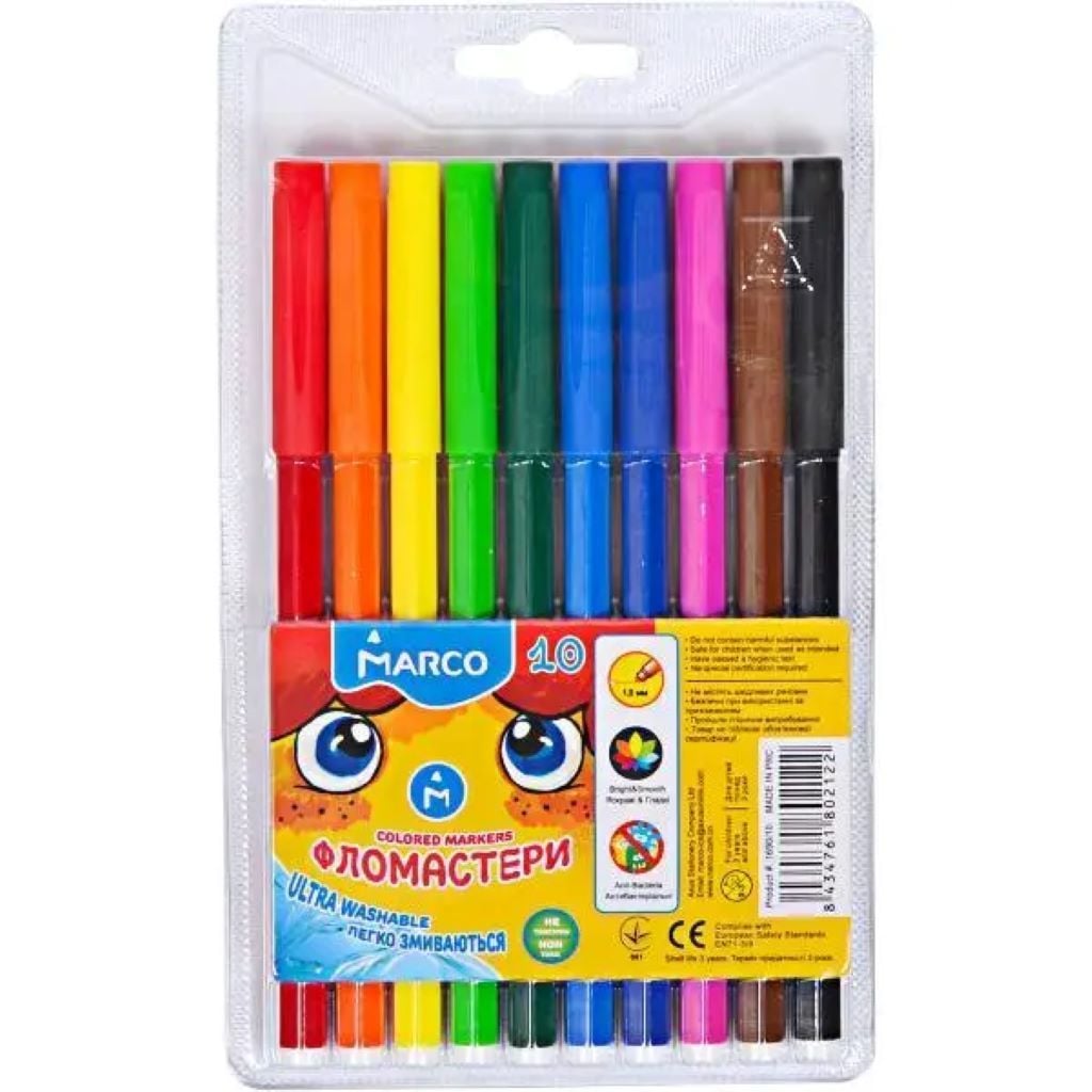 Фломастери 10 кольорів легко змиваються в блістері 12*19см 1690-10 Marco
