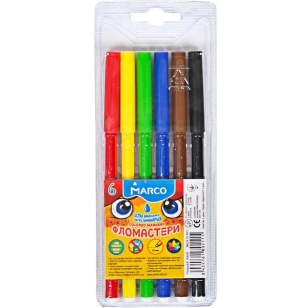 Фломастери 6 кольорів легко змиваються в блістері 7,5*19см 1690/6 Marco