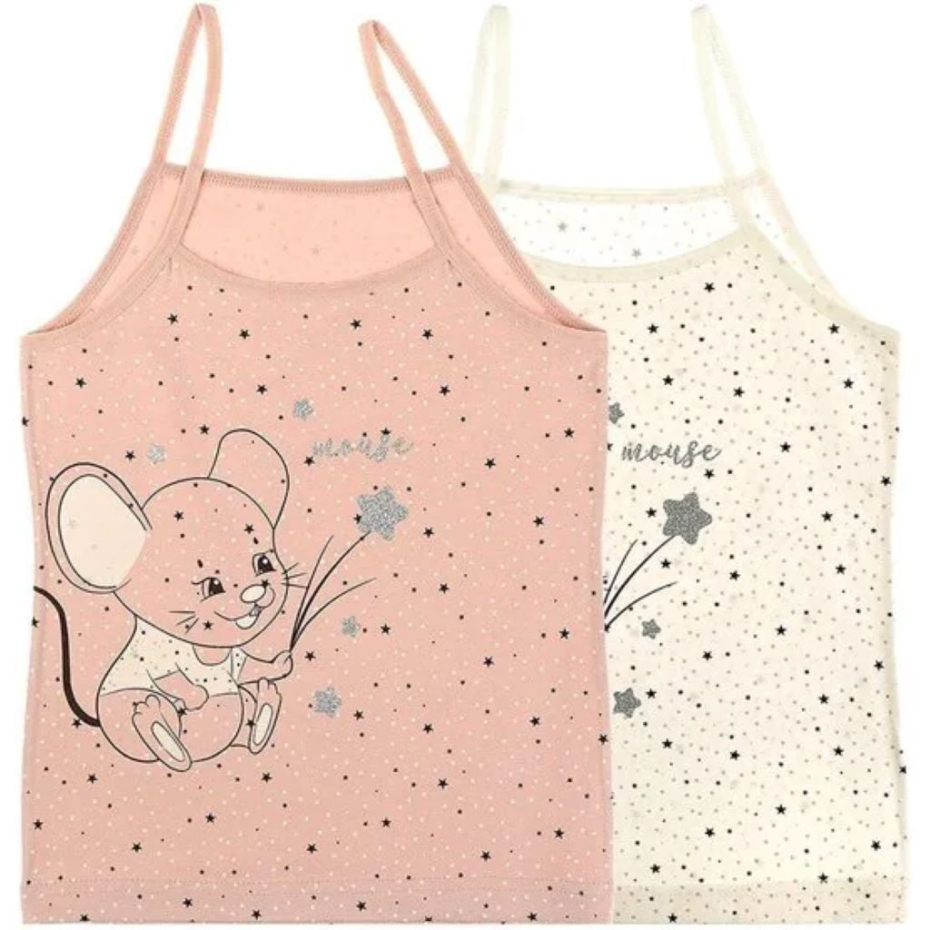 Майка для дівчинки трикотаж на тонких бретелях з малюнком Мишеня мікс кольорів 43771YF Donella 0-1р