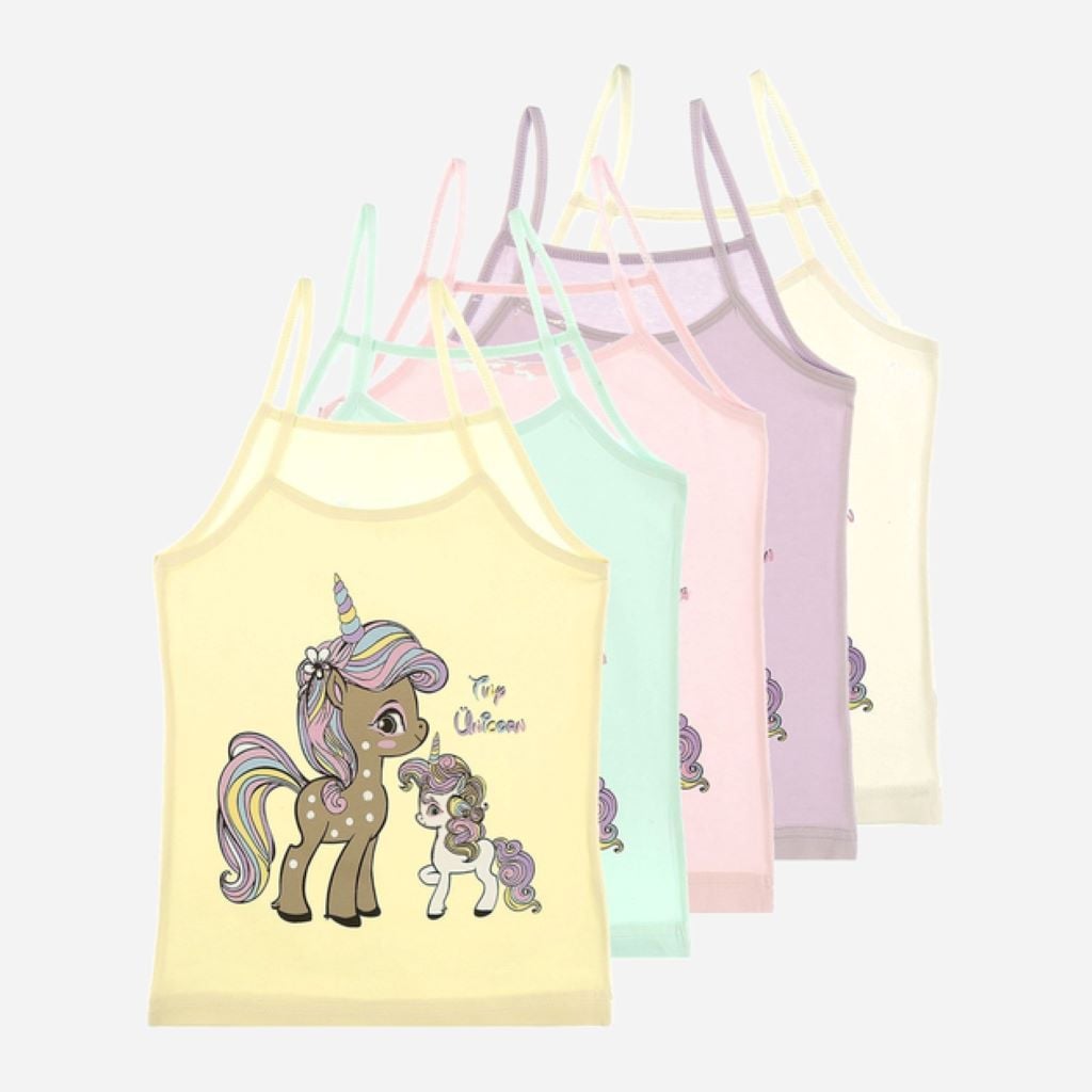Майка для дівчинки трикотаж на тонких бретелях з малюнком Два Єдинороги Liny Unicorn мікс кольорів 4371TU Donella 0-1р