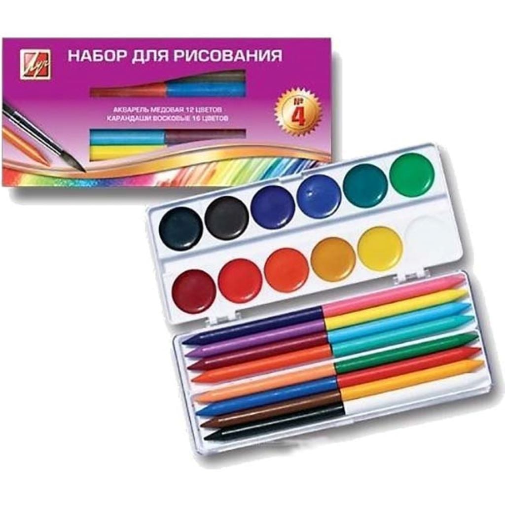 Олівці воскові 16кольорів і фарби акварельні 12кольорів у коробці 19*8*2см 17С1155-08 Луч