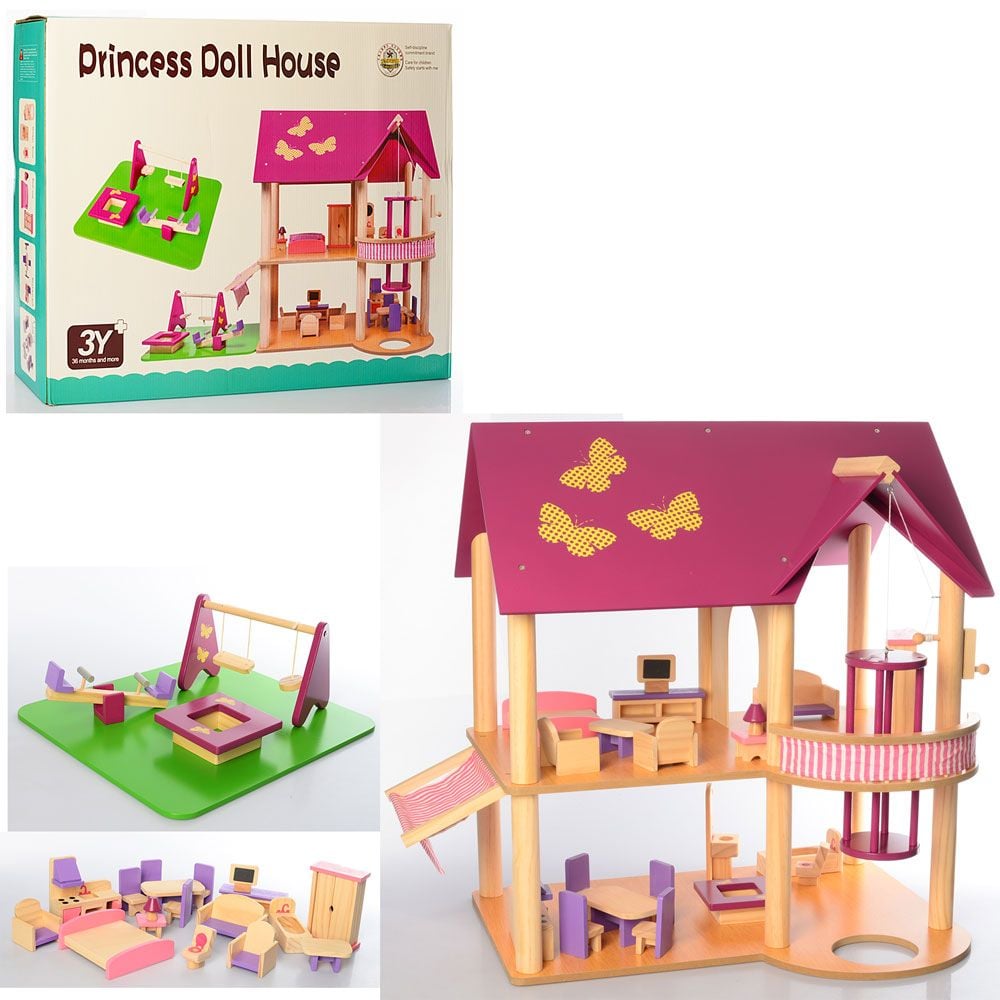 Дерев'яний іграшковий дім 62см 2 поверхи меблі дит майданчик коробка 63*46*13,5см MD2328 Китай