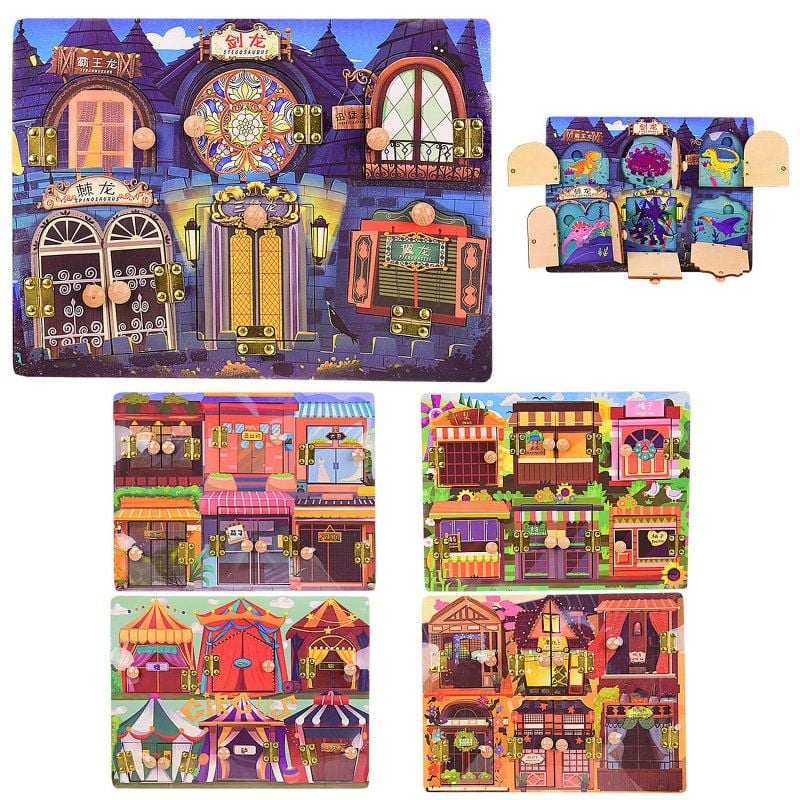 Бізіборд развиваюча дошка веселі двері 5видів 29,5*22*2см в плівці WD1971 Китай