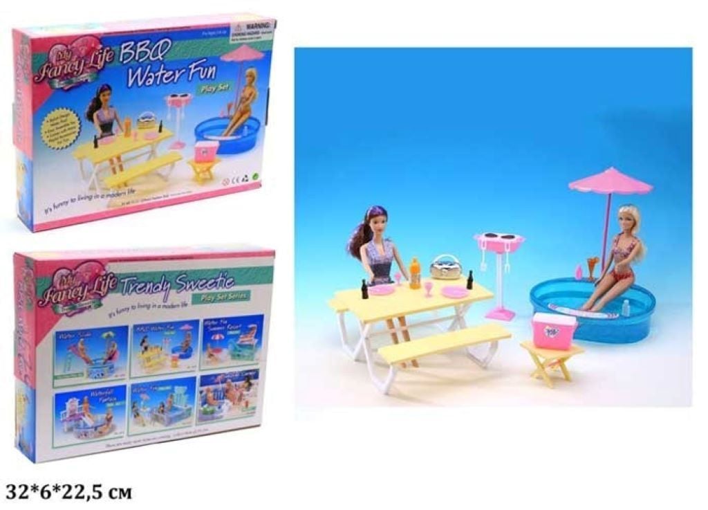 Меблі для ляльок басейн парасолька стіл посуд коробка 32*22*5см 1679 Глорія