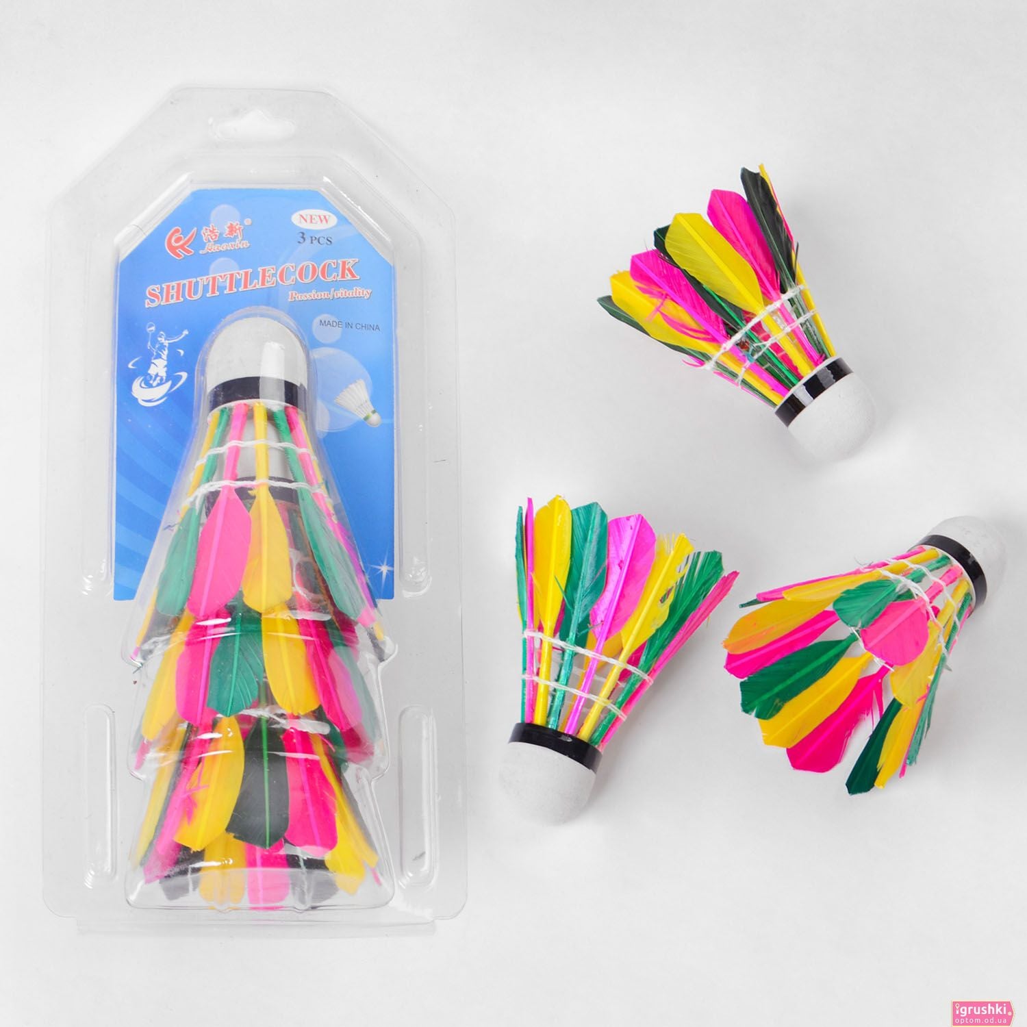 Воланчик для бадмінтону кольорове перо 3шт в блістері 40225 Китай