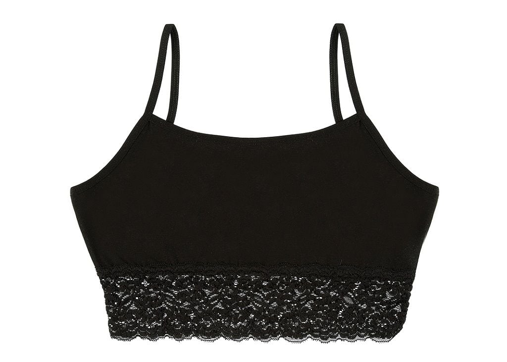 Майка для дівчинки трикотаж на тонких бретелях з мереживом понизу однотонна чорна 597143Q Donella 8-9р