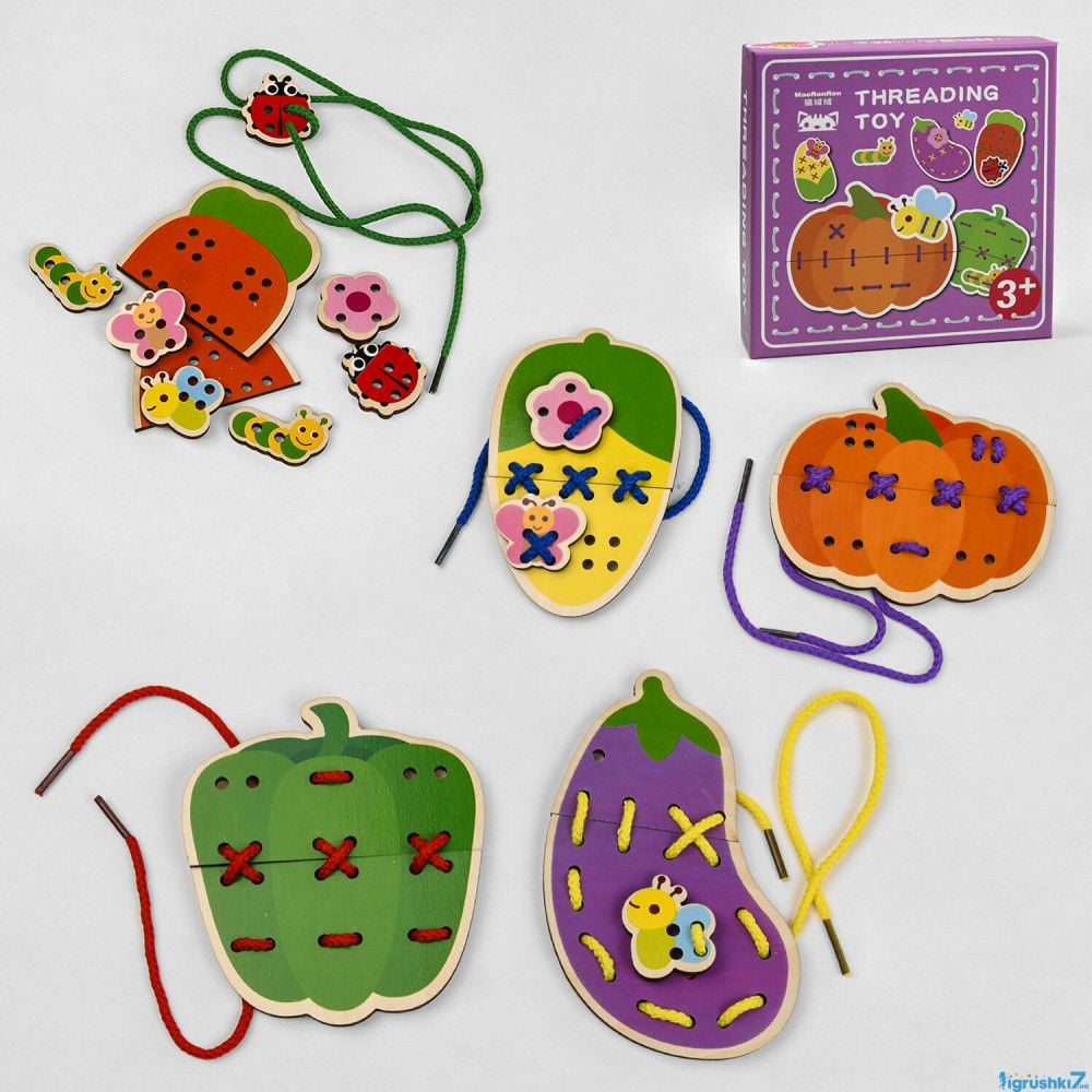 Дерево логіка шнурівка Овочі 5 ігрових панелей коробка 19,5*19,5*3см C48521 Китай