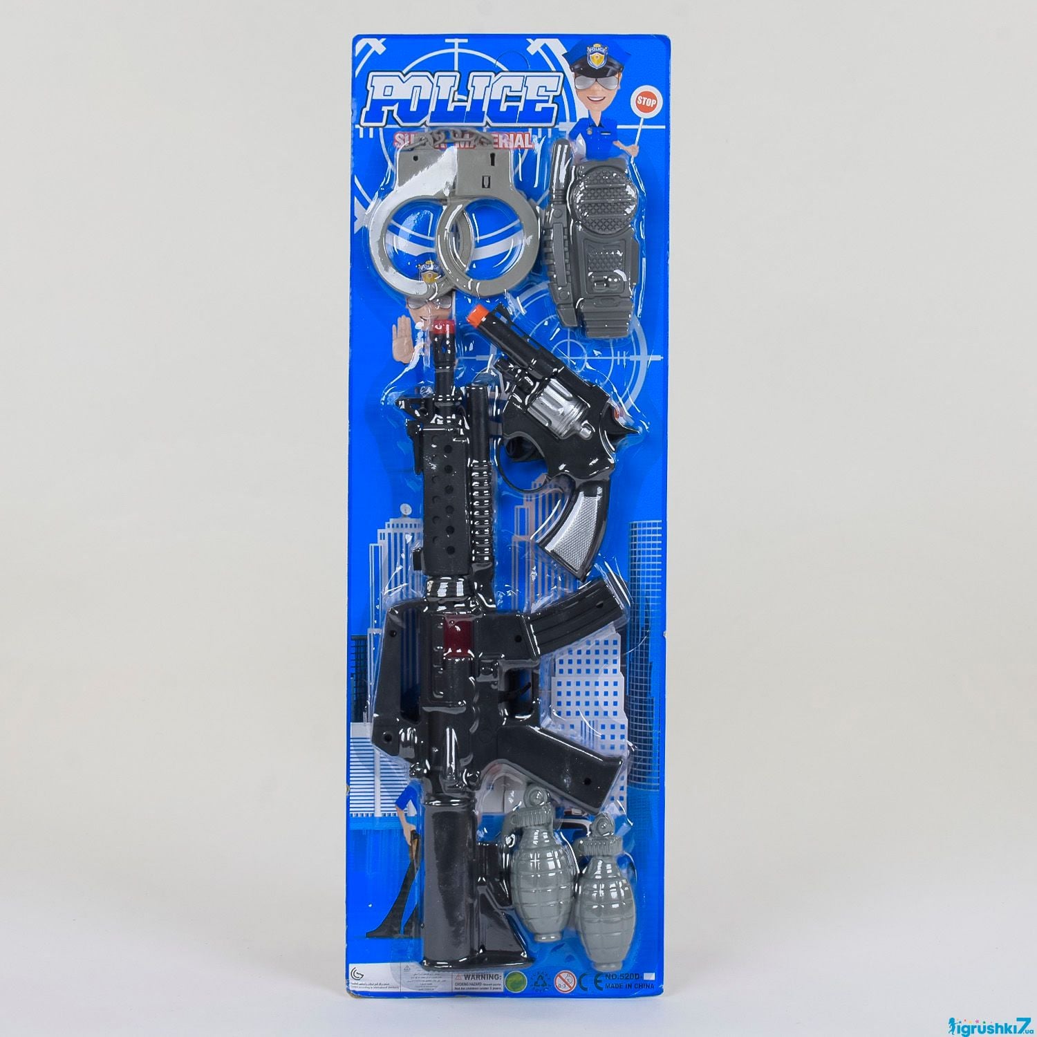 Набор поліцейського револьвер  автомат гранати наручники на планшеті 50*20см 520D-05 Китай