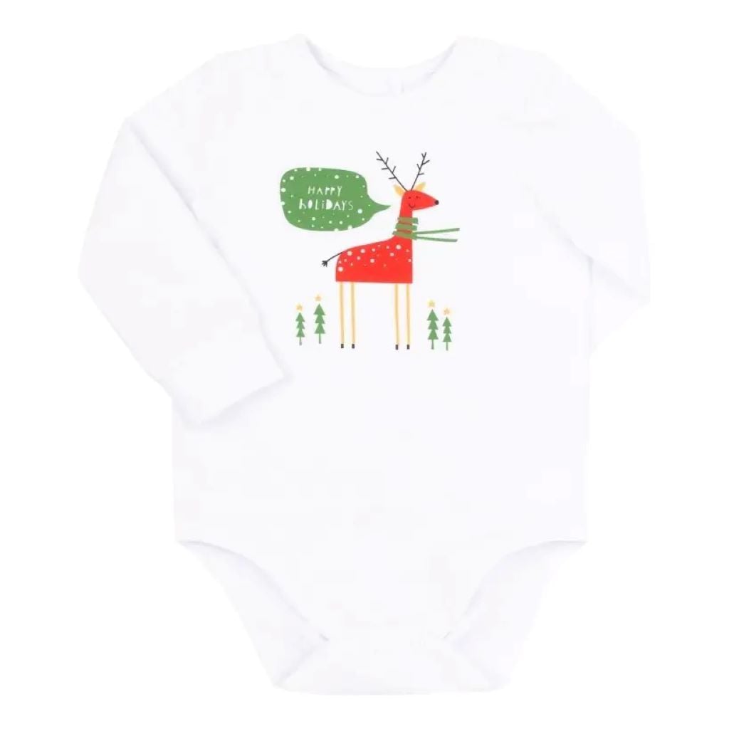 Боді супрем з довгим рукавом та кнопками на плечи з малюнком Новорічний олень №100 білий БД214 Bembi 92р