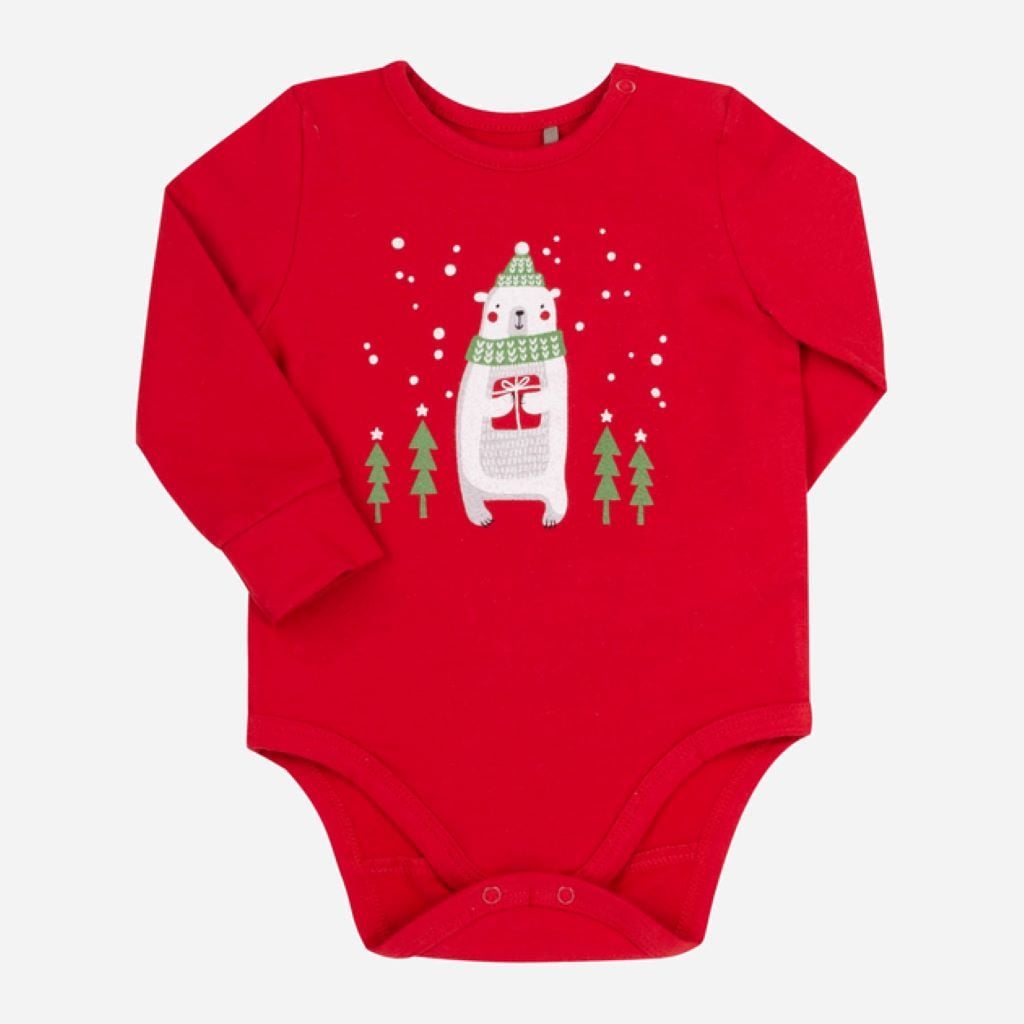 Боді супрем з довгим рукавом та кнопками на плечи з малюнком Новорічний ведмедик L00 червоний БД214 Bembi 68р
