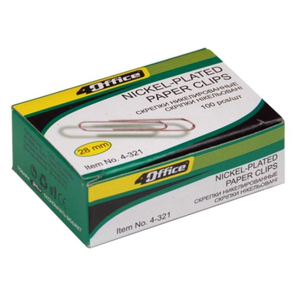 Скріпки канцелярські 28мм 100шт нікельовані у коробці 4-321 Office