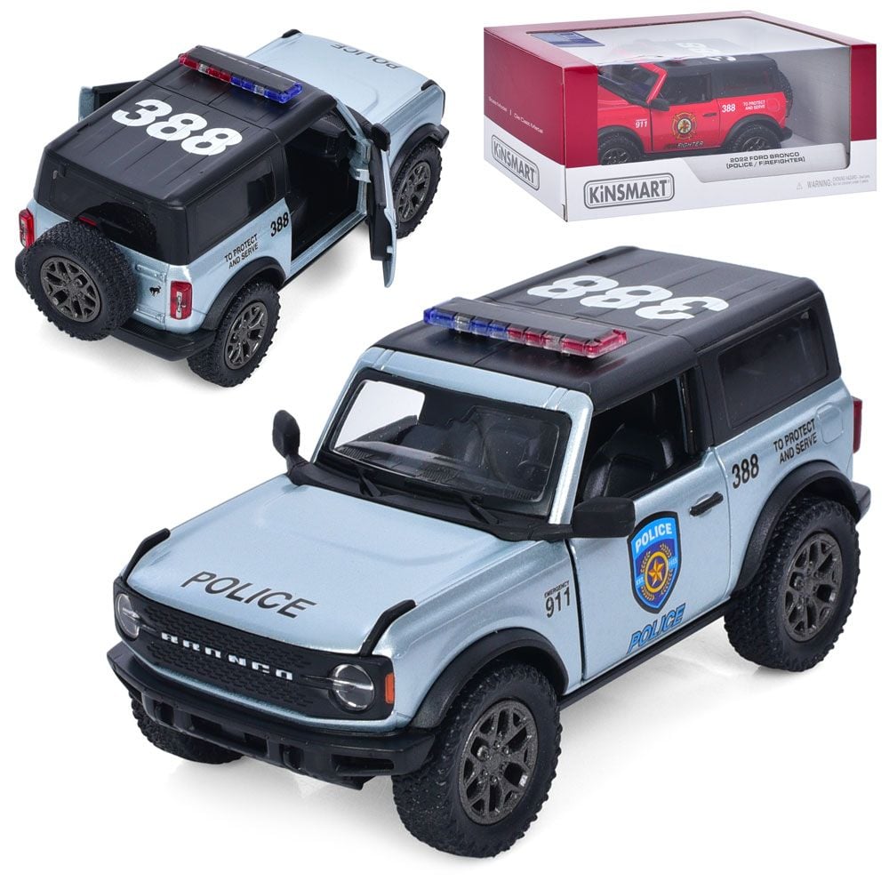 Машина металева FORD BRONCO 2022 Police/FIREFIGHTER інерц двері відчин гумові колеса  в коробці 16*8*7см KT5438WPR kinsmart