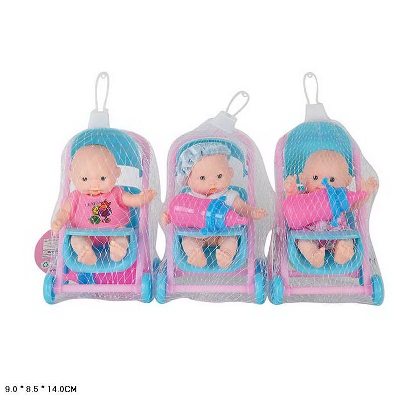 Пупс 10см в візочку  з пляшечкою в сітці D1444 Китай
