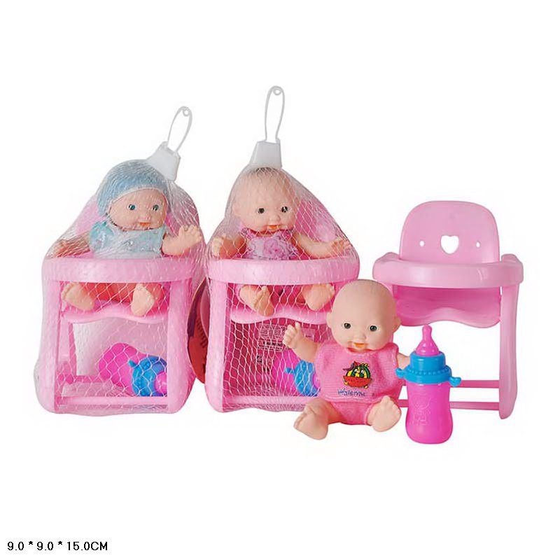 Пупс 10см стільчик  для годування з пляшечкою в сітці D1442 Китай