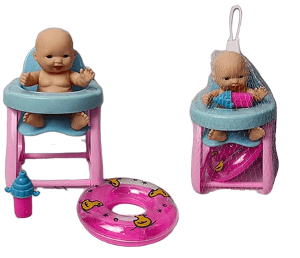 Пупс 10см стільчик для  годування з пляшечкою  в сітці YD618 Китай