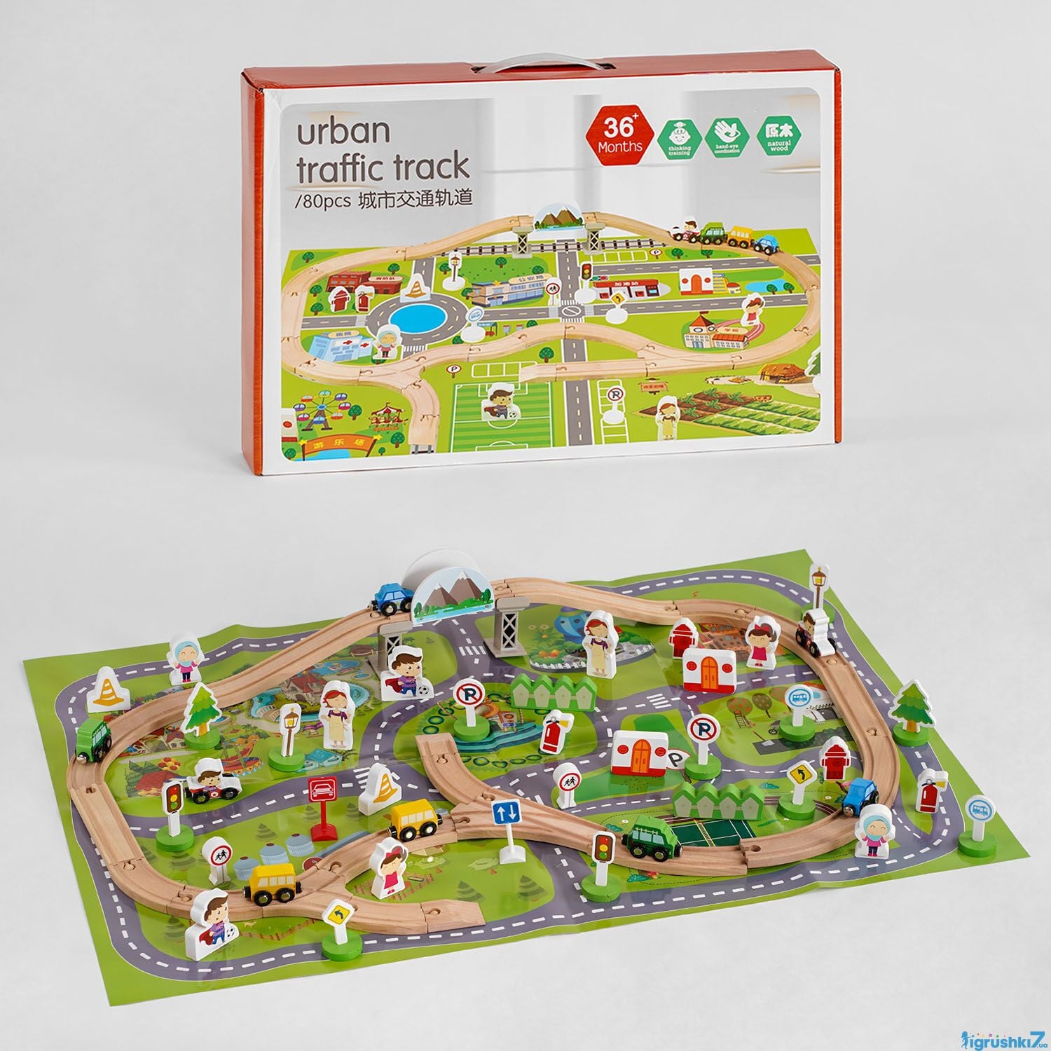 Трек дерев'яний 80дет карта машинки з магнітами коробка 45*29*6 см C44898 Китай