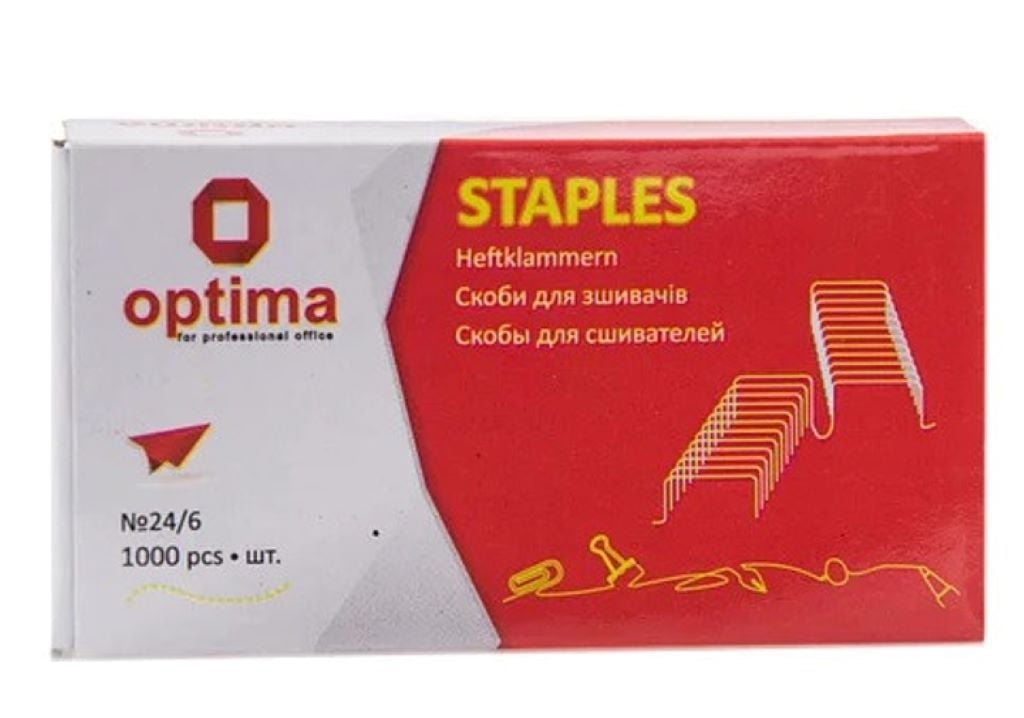 Скоби №24/6 для зшивача 1000шт мідні у коробці 7,5*4*1,5см 40354 Optima