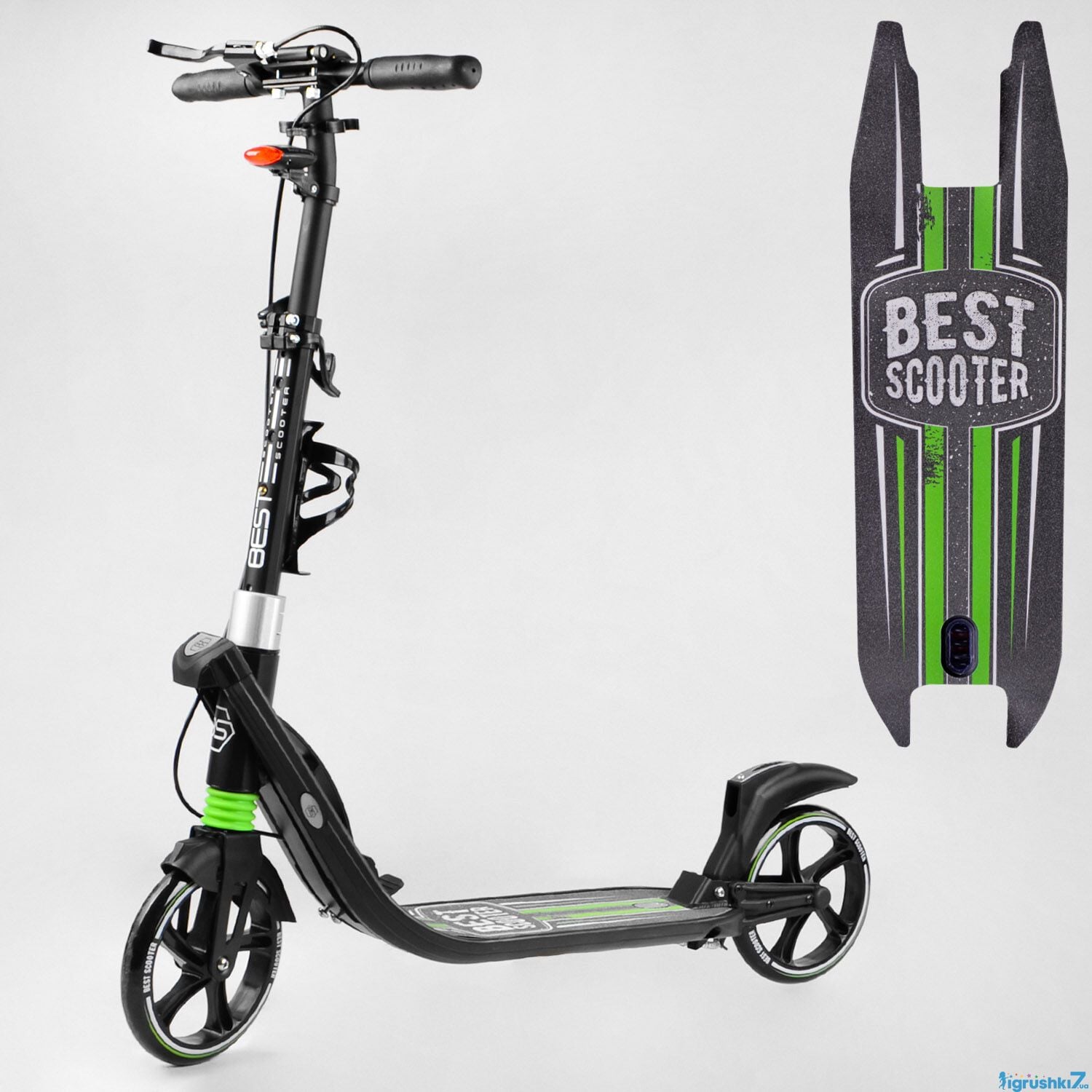 Самокат двоколісний PU 200мм 2 амортизатори ручне гальмо зелений в коробці L-22066 Best scooter