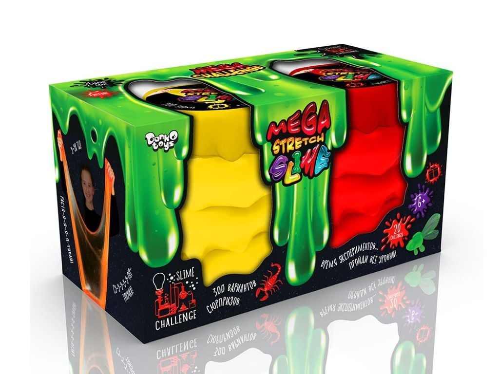 Слайм лизун Mega Stretch Slime набір 2шт 200г різного кольору з блистками та сюрпризом у банці 9*6см SLM-11-01 Danko toys