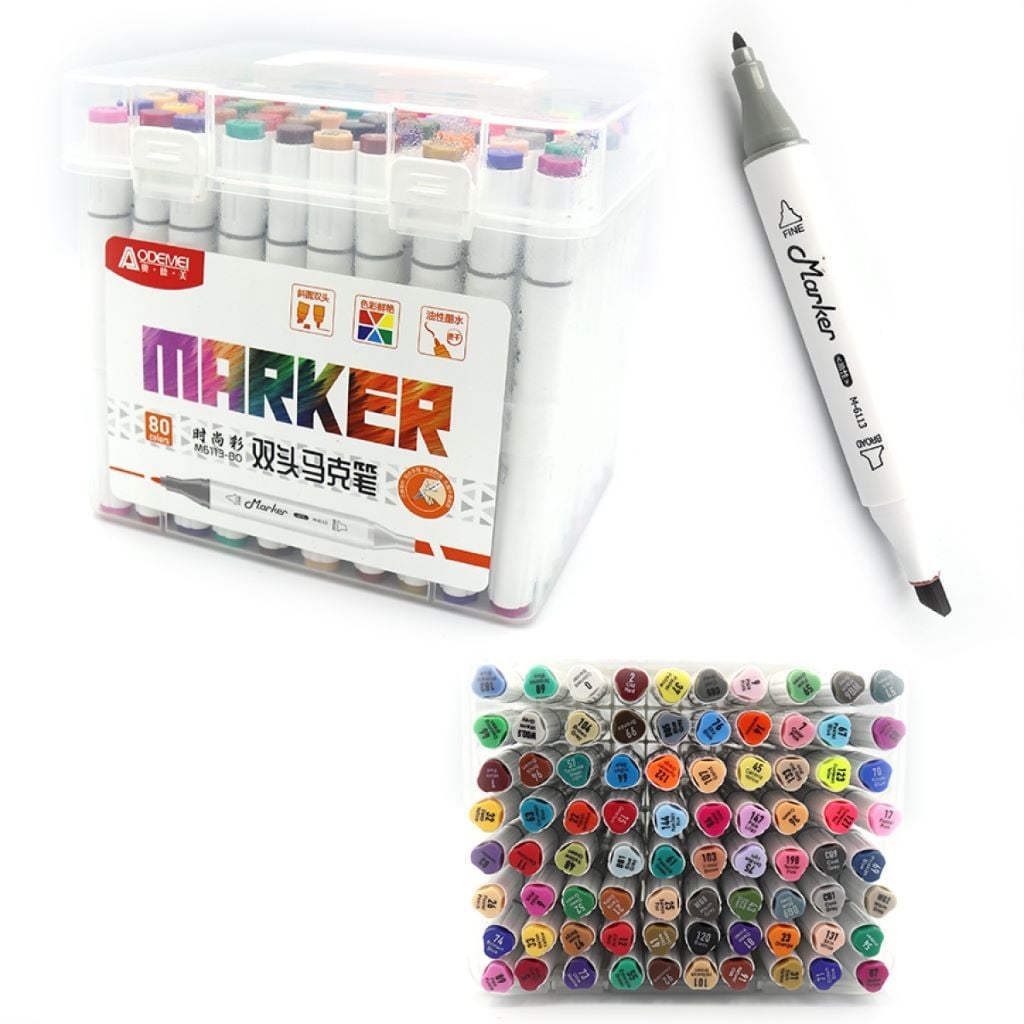 Скетч маркери набір 80шт двосторонні у пластиковому боксі мікс кольорів M6113-80 Aodemei