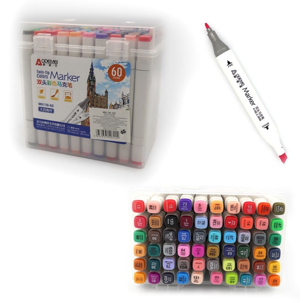 Скетч маркери набір 60шт двосторонні у пластиковому боксі мікс кольорів M6138-60 Aodemei