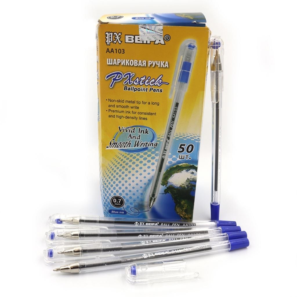 Ручка кулькова 0,7 мм в прозорому корпусі синя AA103 Beifa