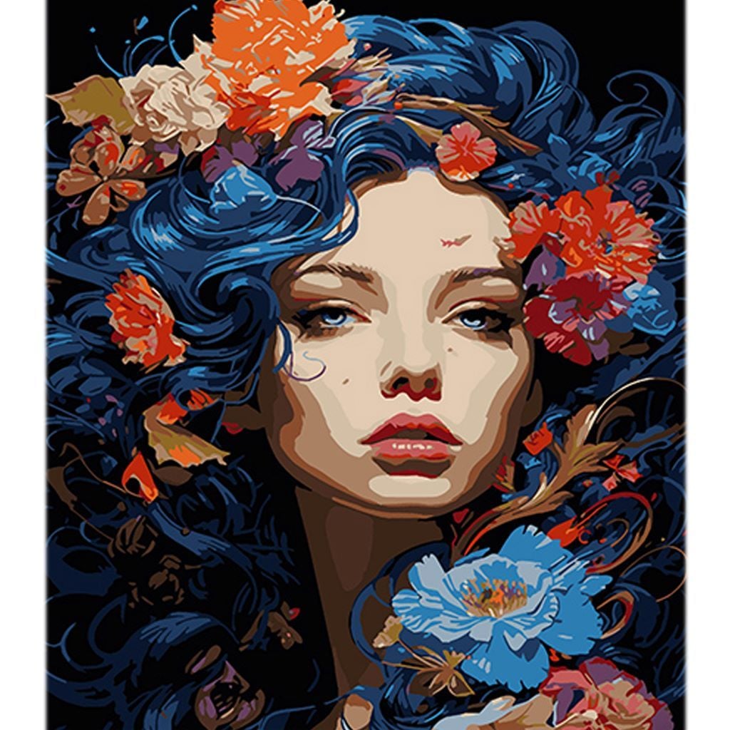 Картина по номерам 40*50см Дівчина з квітами у волоссі на чорному фоні у термоплівці АН1116 Strateg