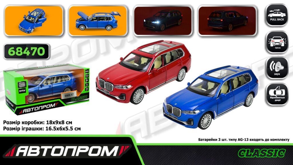 Машина металева 1:32 BMW X7 світло звук відкр двері у коробці 18*9*9см 68470 Автопром