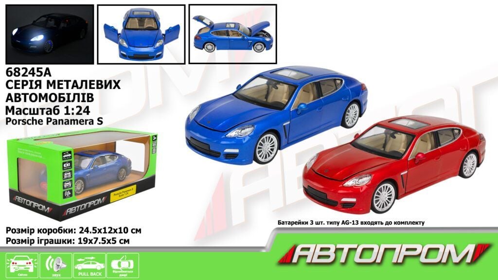 Машина металева 1:24 Porsche Panamera S світло звук відкр двері у коробці 28*16*12,5см 68245A Автопром