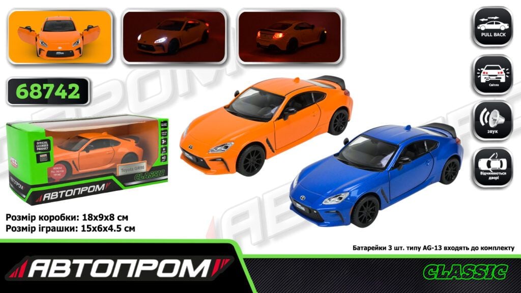 Машина мет 1:32 Toyota GR86 інерція звук світло відкрив двері капот коробка 18*9*9см 68742 Автопром