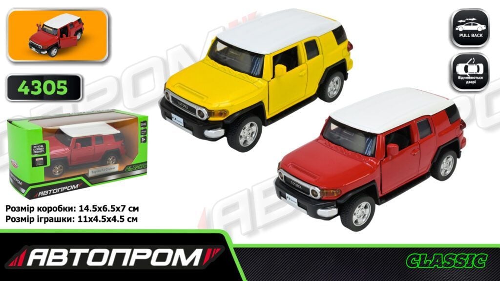 Машина металева 1:43 TOYOTA FJ CRUISER світло звук відкр двері у коробці 4305 Автопром