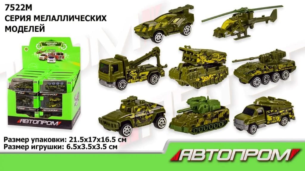 Машина мет1:64 Військова техніка та гелікоптери у коробці 10*5*4см 7522M Автопром