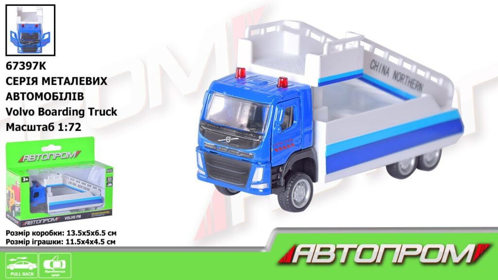 Машина вантажівка 1:72 Volvo Boarding рухомі ел в коробці 13,5*7*5см 67397K Автопром